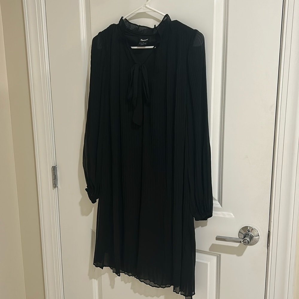 DKNY black pleated dress with tie neck